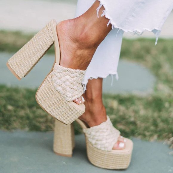NEW🔥 Natural Raffia Open Toe Chunky Platform Sky High Heel Sandal Mules Slip-On - Picture 3 of 6